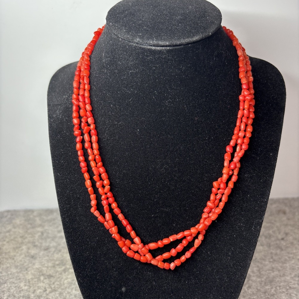 Mine Finds Jay King Three Strand Red Coral Bead Necklace Sterling Silver Clasp